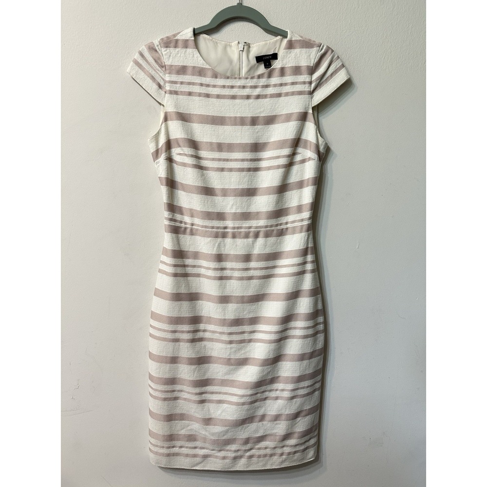 J.Crew Striped Sheath Dress Size 0 Cream Taupe Cap Sleeve Woven Lined C0910